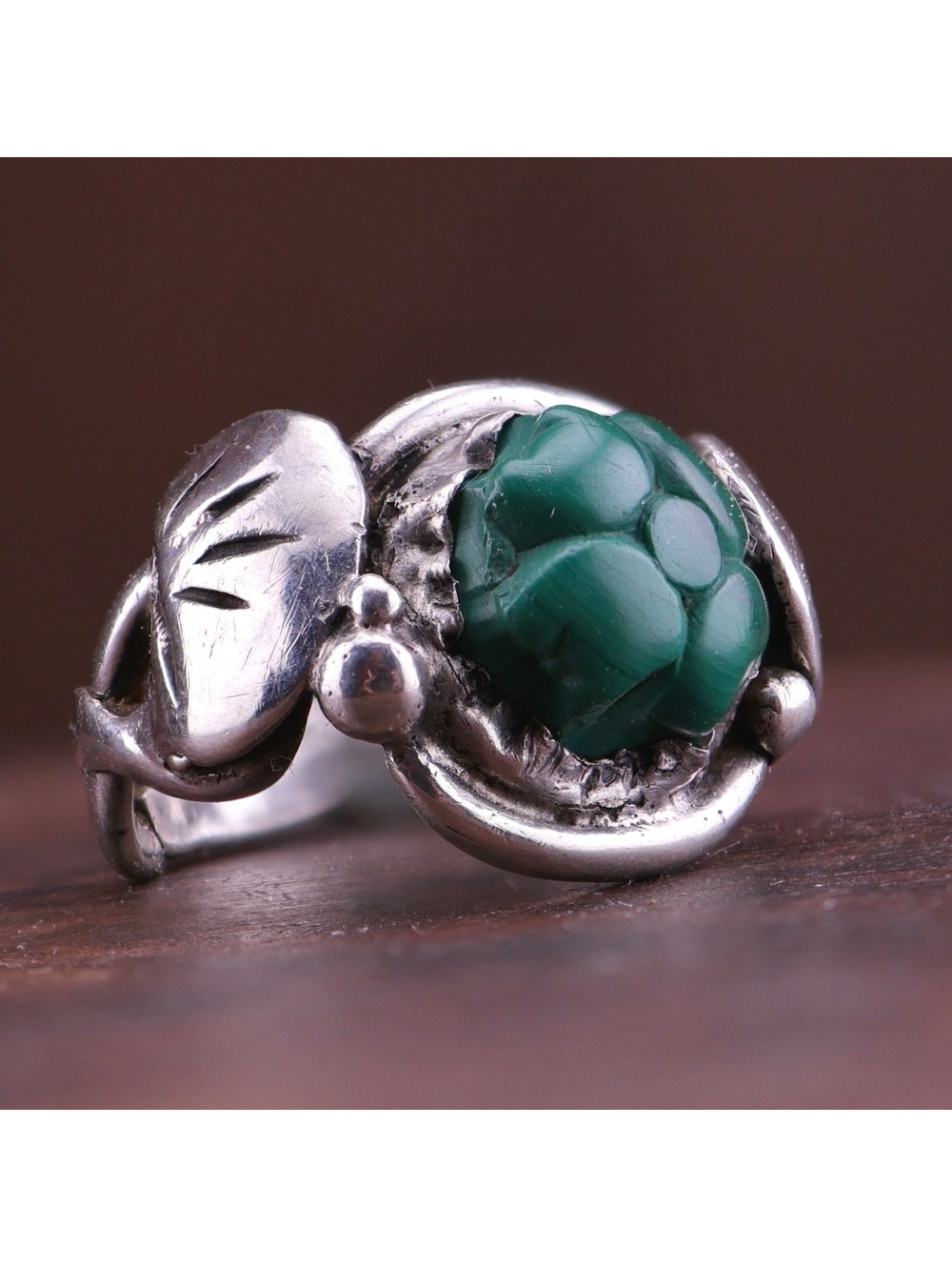 Vintage Carved Malachite Rose Ring Sterling Silver Art Nouveau Ginkgo Size 5.5
